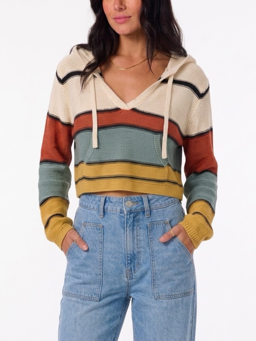 🌊 O'Neill XS Multicolor Striped Knit Hooded Sweater Kangaroo Pocket Womens